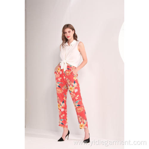 China Women's Tropical Floral Print Ankle Pants Manufactory